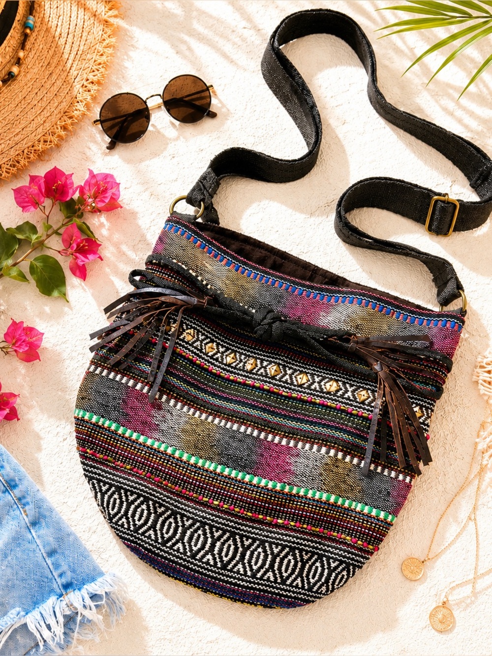 Boho Woven Crossbody Bag with Leather Fringe & Studs | Festival Tribal Bag